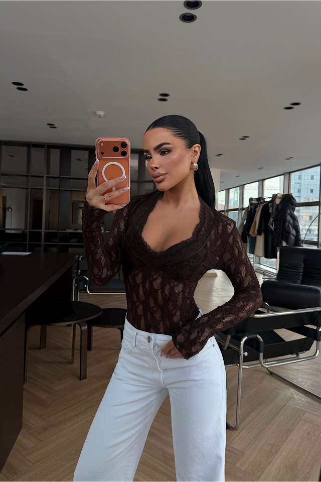 Acı Kahve Transparan Dantel Bluz ATE-4874 - EYYO