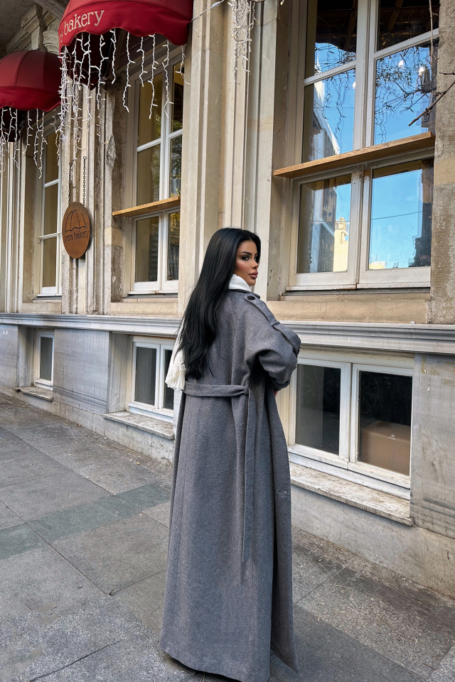 Antrasit Kuşak Detay Düğmeli Kaban ATE-0748
