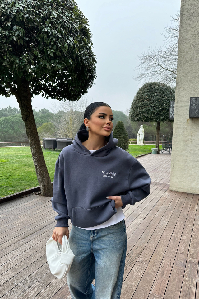 Antrasit New York Yazılı Kapşonlu Sweat ATE-0450 - EYYO