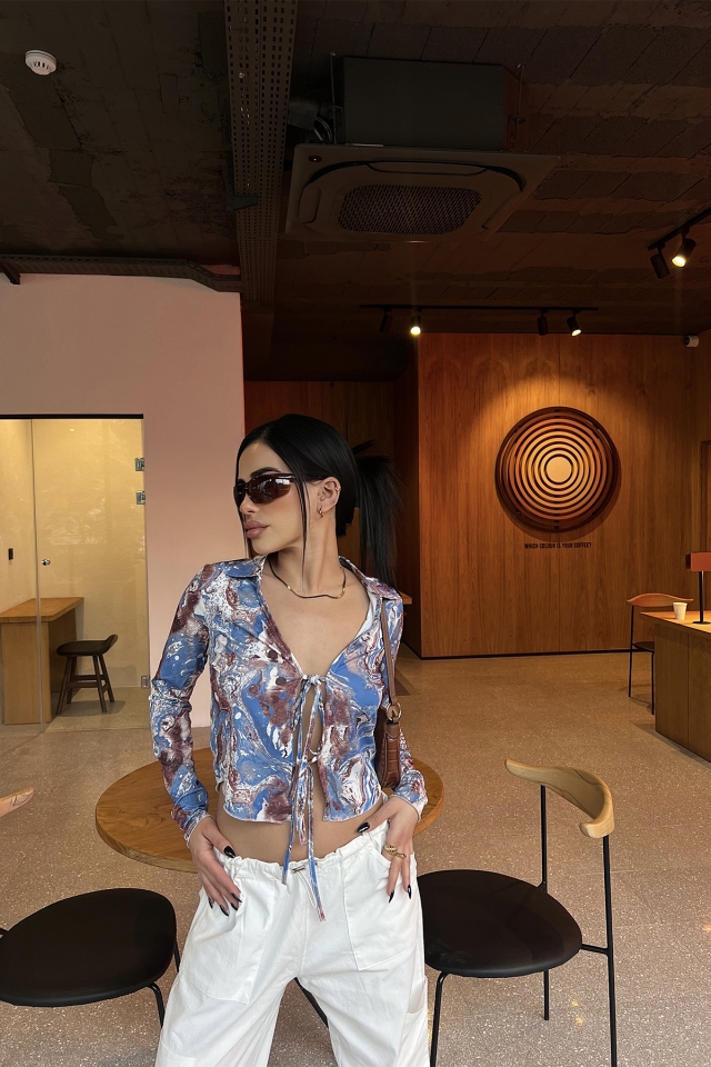 Batik Desen Gömlek Yaka Önden Bağlamalı Bluz ATE3879 - EYYO