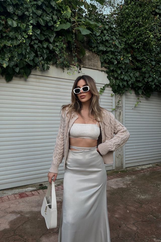 Beige Sateen Maxi Skirt ATE2008