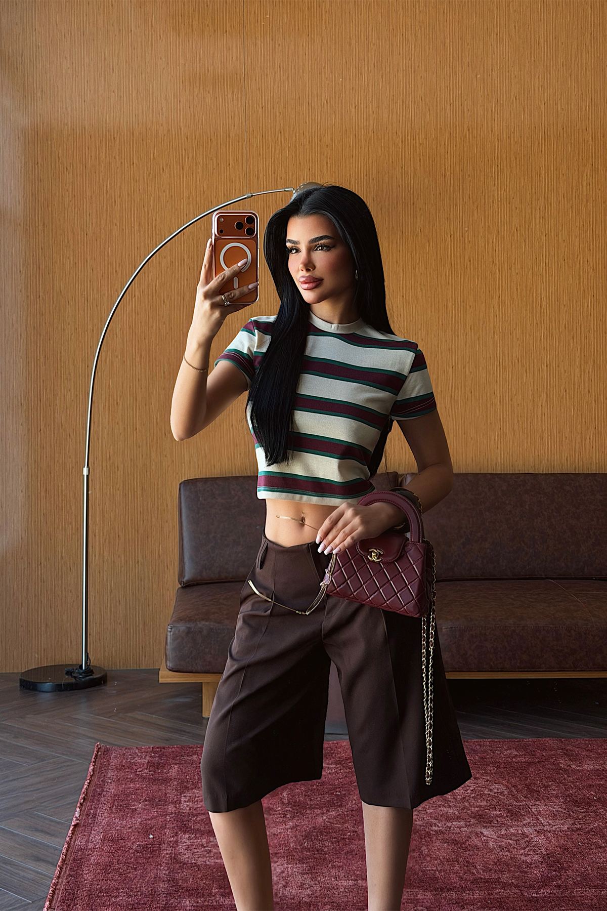 Bej Çizgili Crop Top ATE-5500