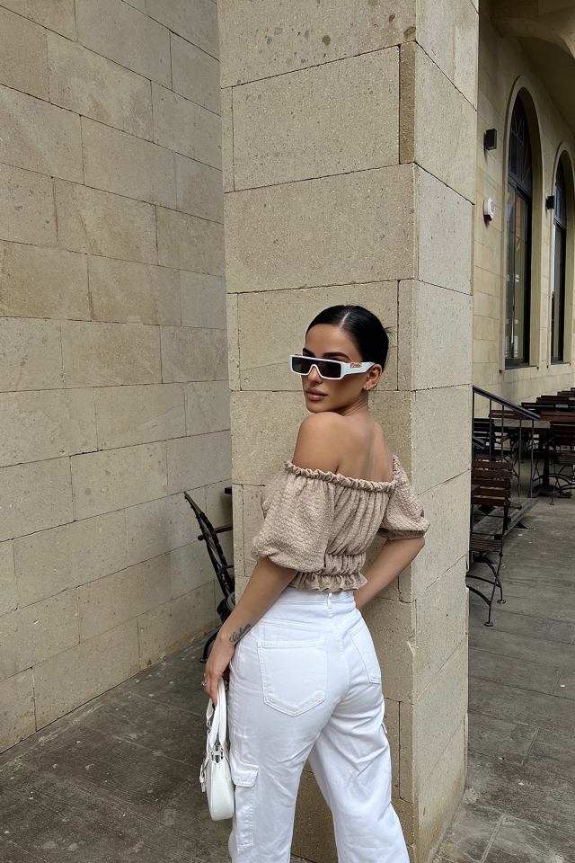 Bej Düşük Kol Crop Top ATE4489