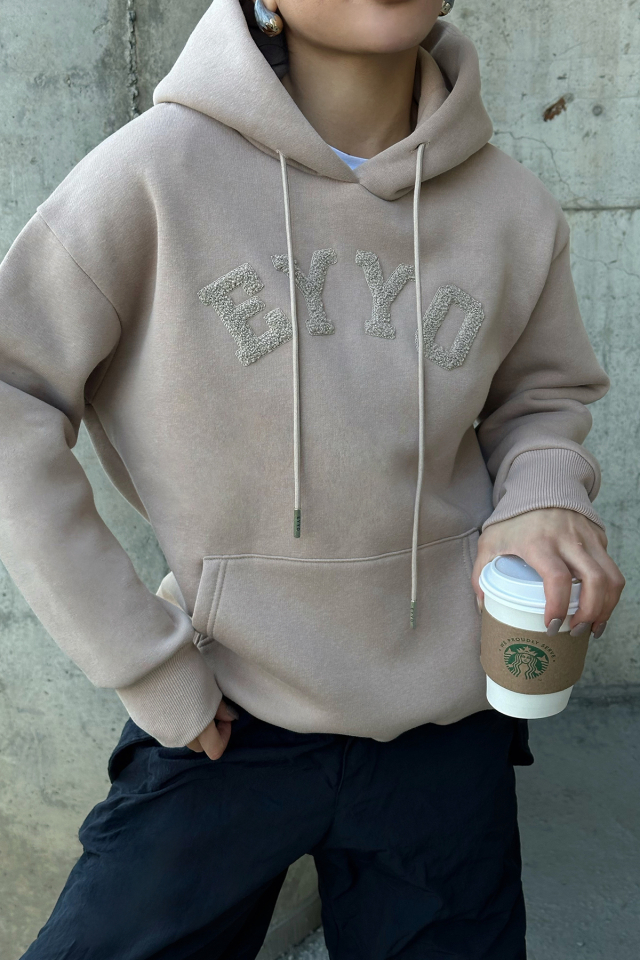 Bej Eyyo Nakışlı Kapşonlu Sweat ATE-0798