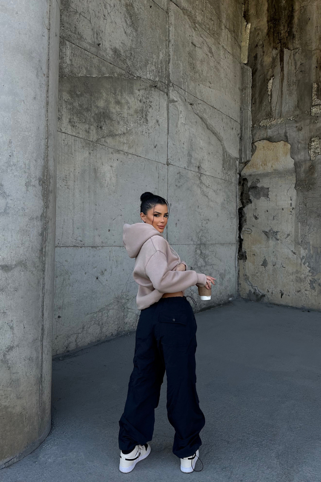 Bej Eyyo Nakışlı Kapşonlu Sweat ATE-0798
