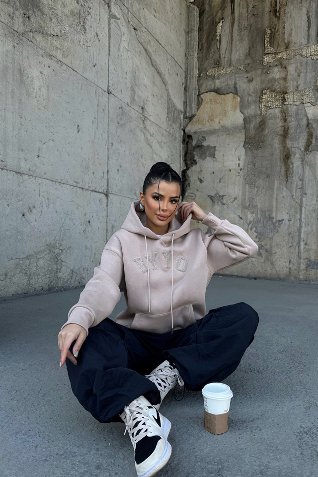 Bej Eyyo Nakışlı Kapşonlu Sweat ATE-0798