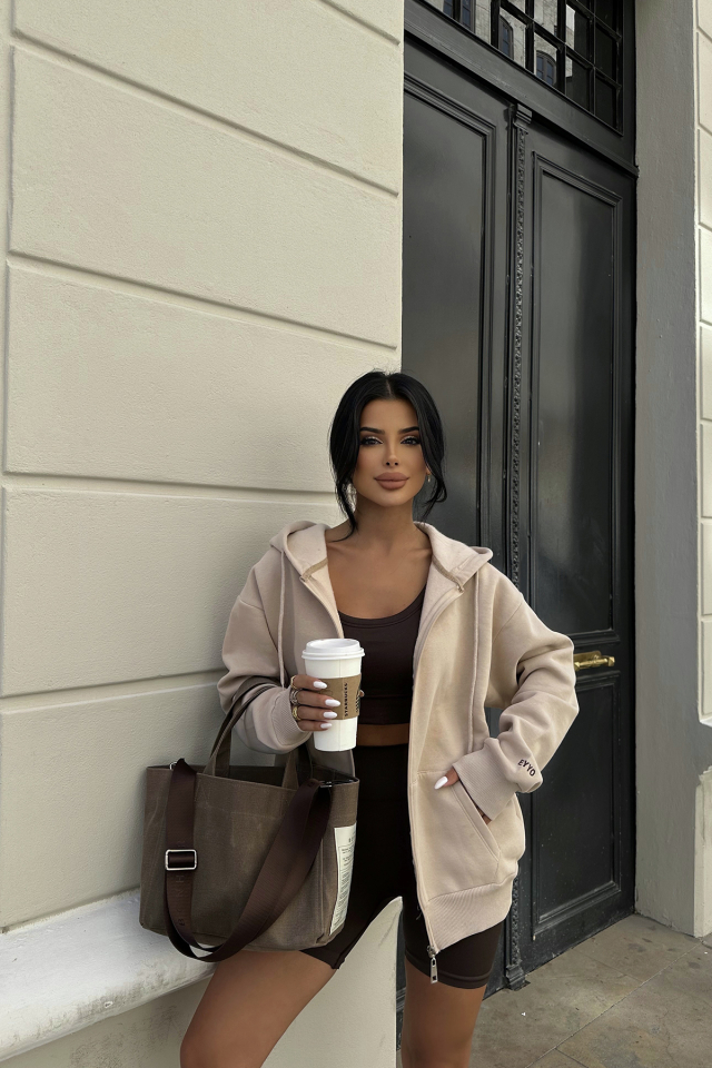 Bej Fermuar Detay Sweat ATE8615 - EYYO