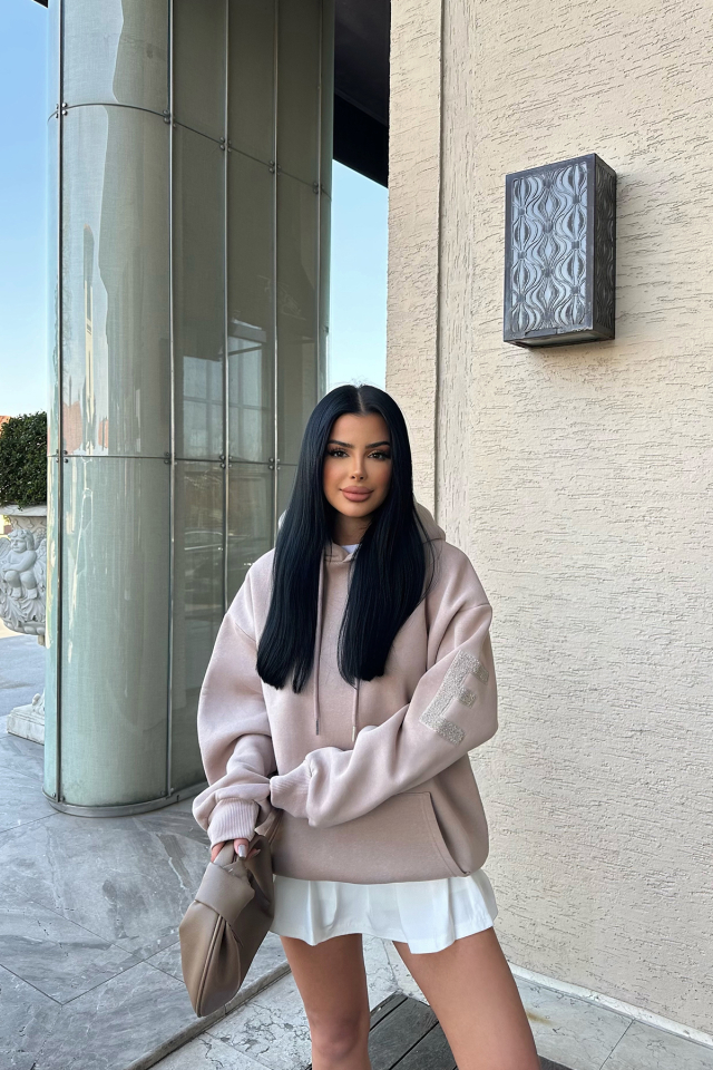 Bej Kapşonlu E Nakışlı Sweat ATE-0751 - EYYO