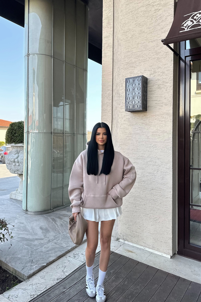 Bej Kapşonlu E Nakışlı Sweat ATE-0751