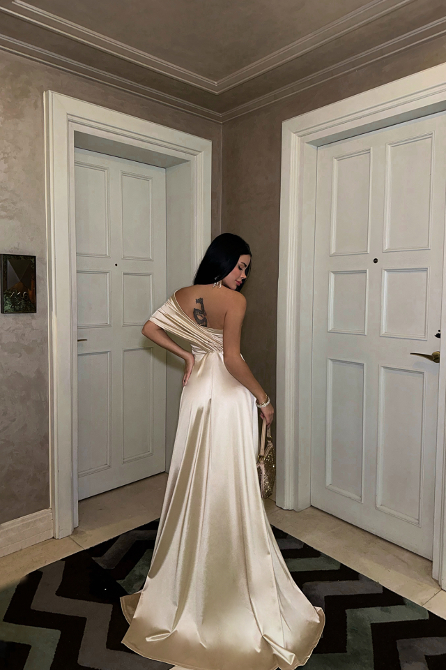 Bej Omuz Detay Abiye Elbise ATEL2409