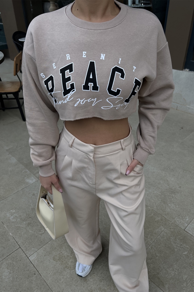 Bej Önü Baskılı Crop Top ATE3371