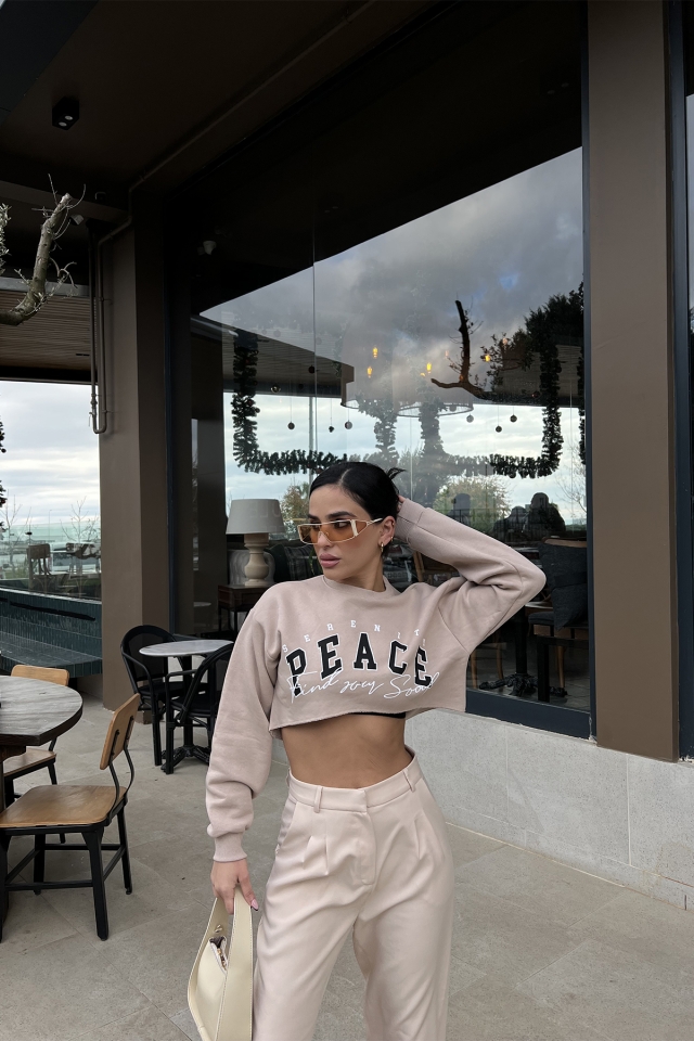 Bej Önü Baskılı Crop Top ATE3371
