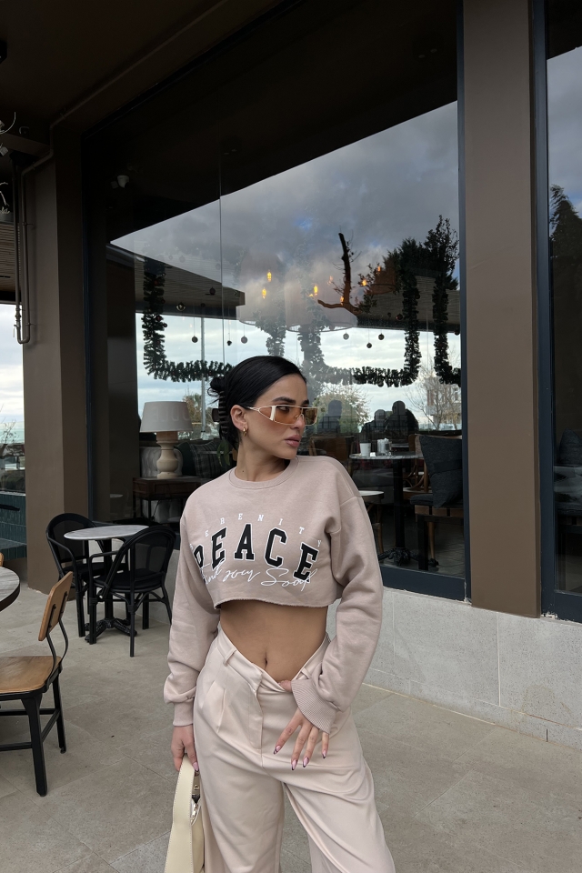 Bej Önü Baskılı Crop Top ATE3371