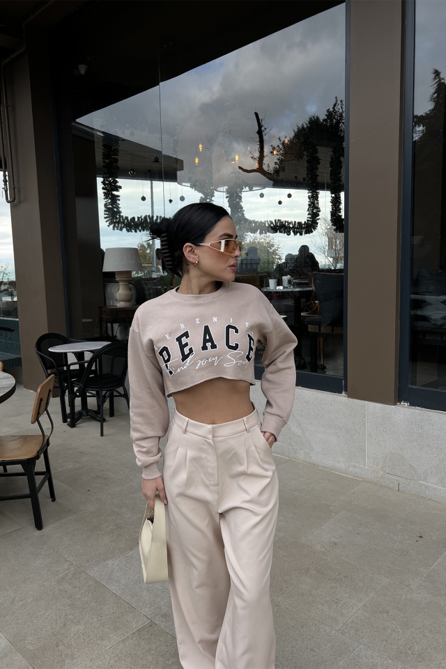 Bej Önü Baskılı Crop Top ATE3371