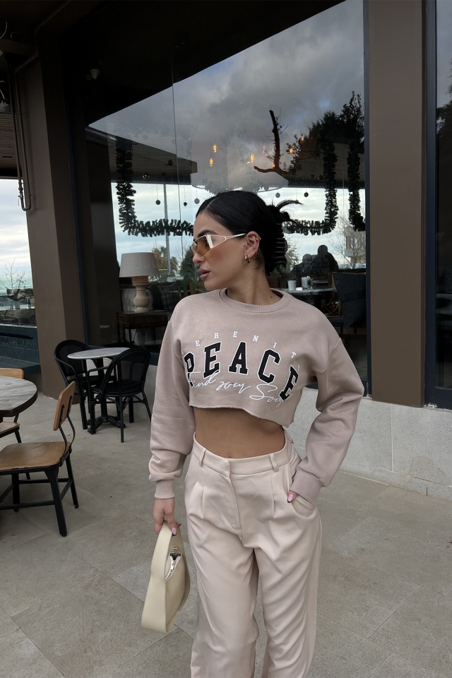 Bej Önü Baskılı Crop Top ATE3371