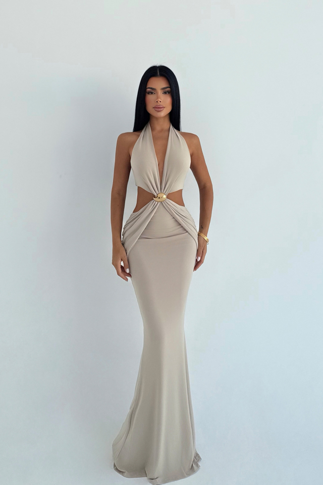 Bej Seamed Uzun Elbise ATE-3495