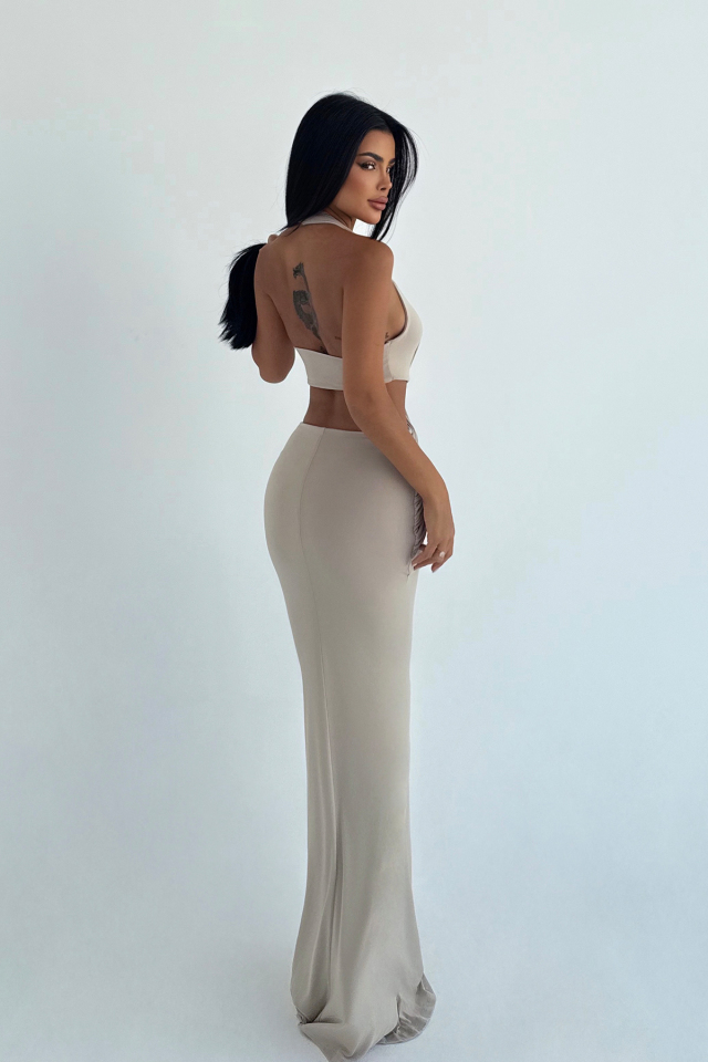 Bej Seamed Uzun Elbise ATE-3495