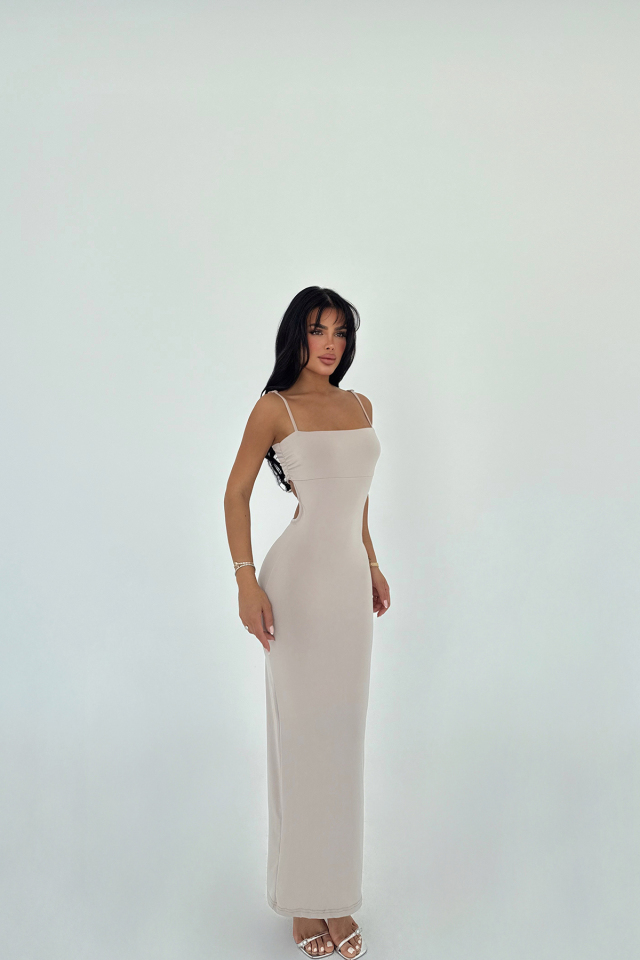 Bej Trudy Askılı Uzun Elbise ATE-1207 - EYYO