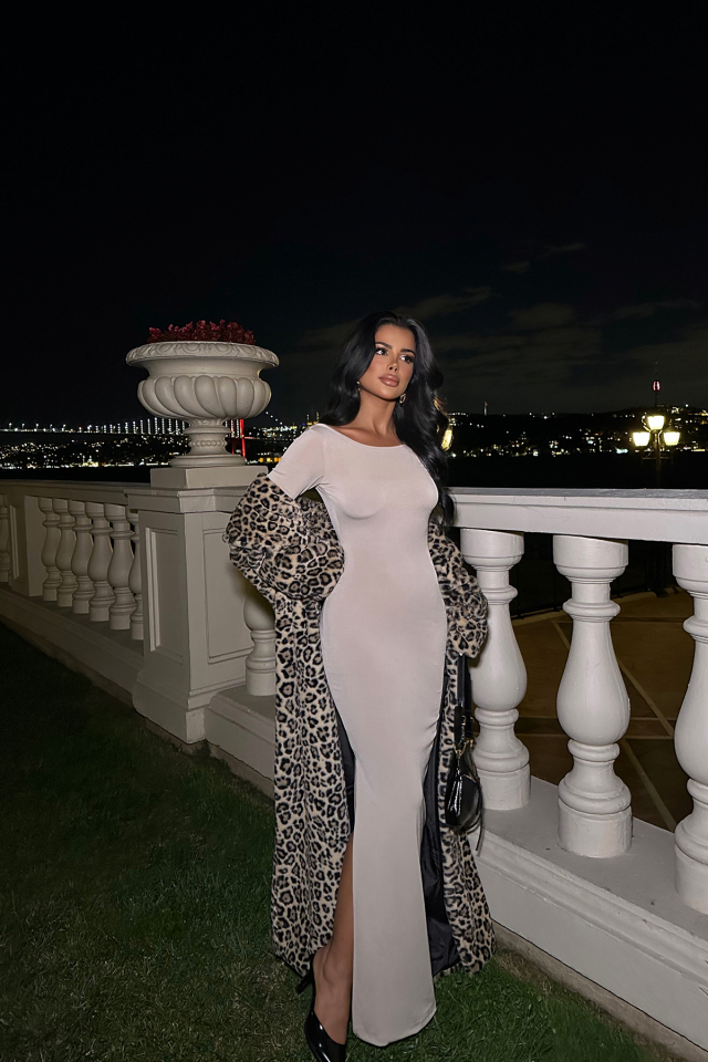 Bej Uzun Kol Elbise ATE8506 - EYYO