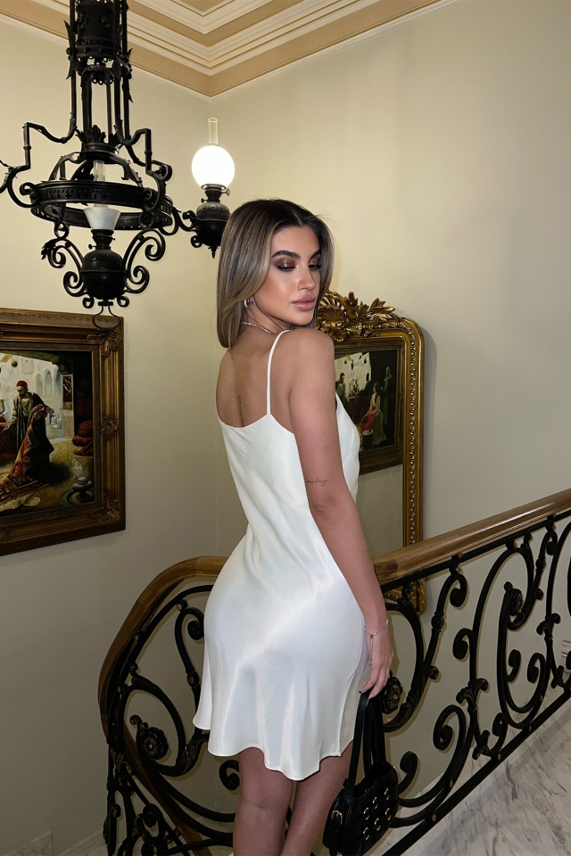 Bej Zincir Detay Mini Elbise ATE3769
