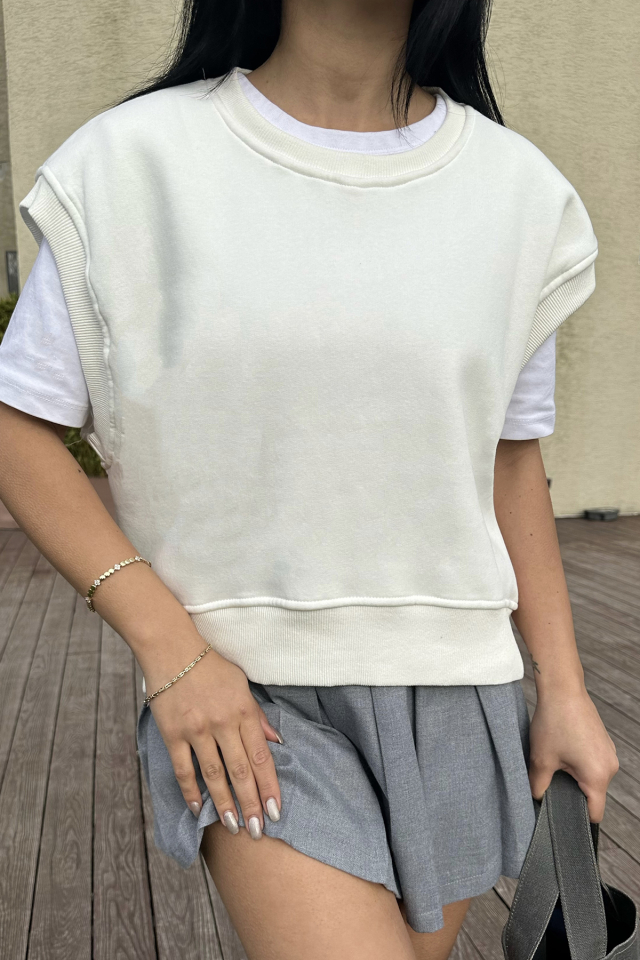 Beyaz Alıce Sıfır Kol Sweat ATE-0696