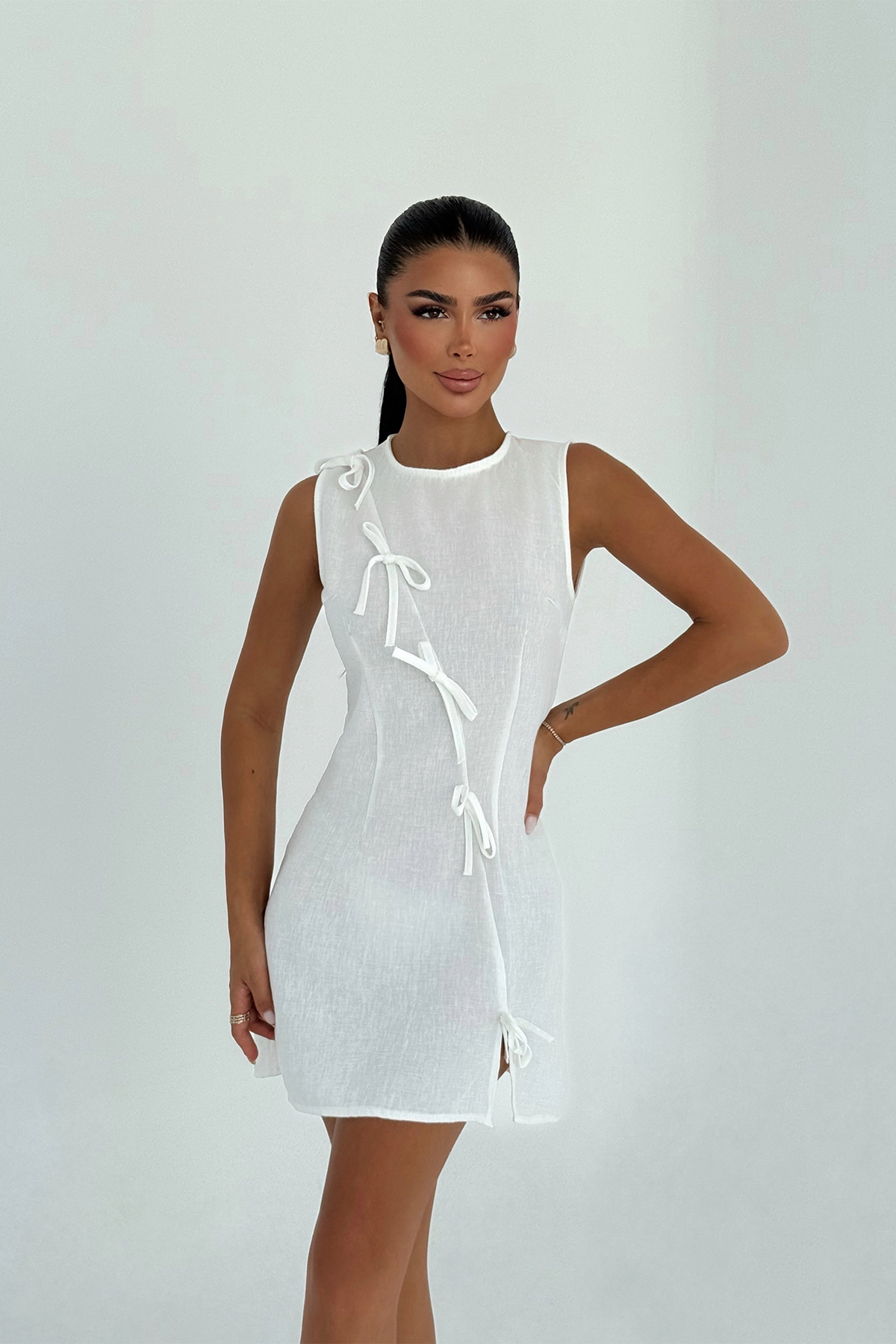 Beyaz Kathy Mini Fiyonklu Elbise ATE-3187