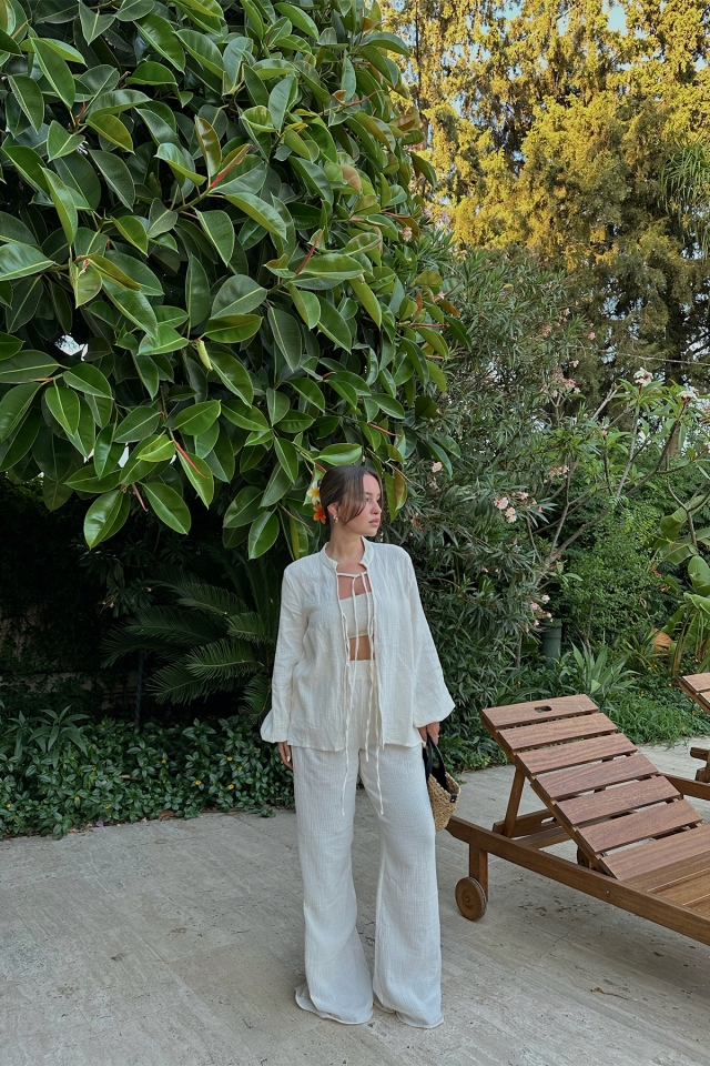 Beyaz Bağlamalı Pantolonlu Takım ATE7527 - EYYO