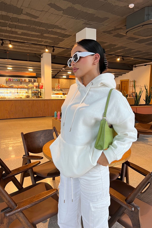 Beyaz Basic Kapşonlu Sweat ATE1971