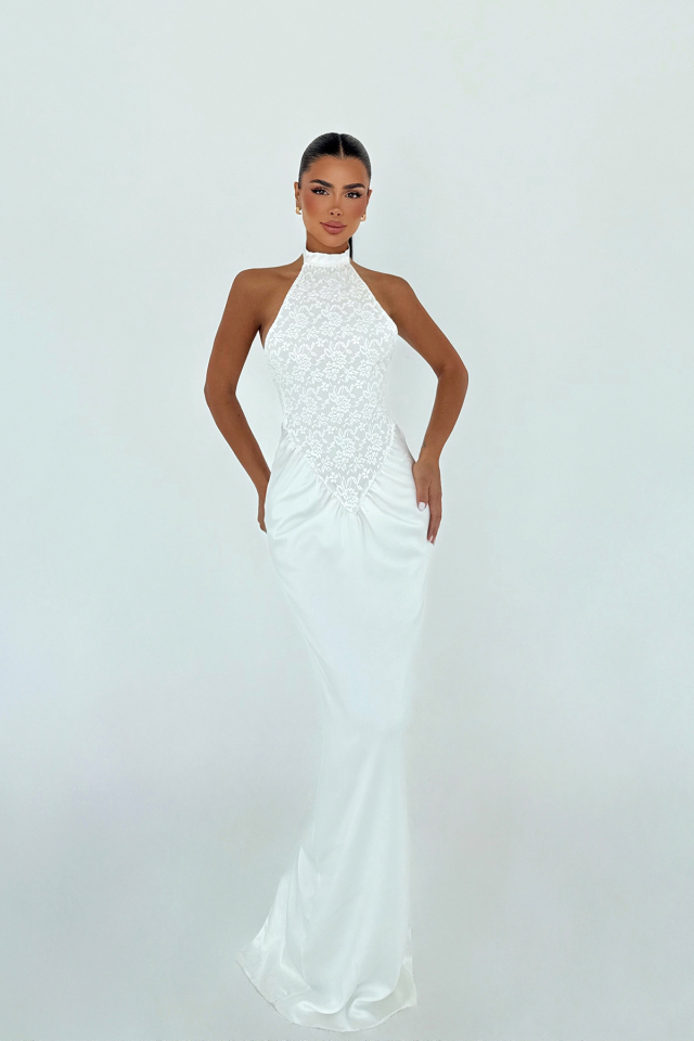 Beyaz Marlo Dantel Detaylı Saten Elbise ATE-3451