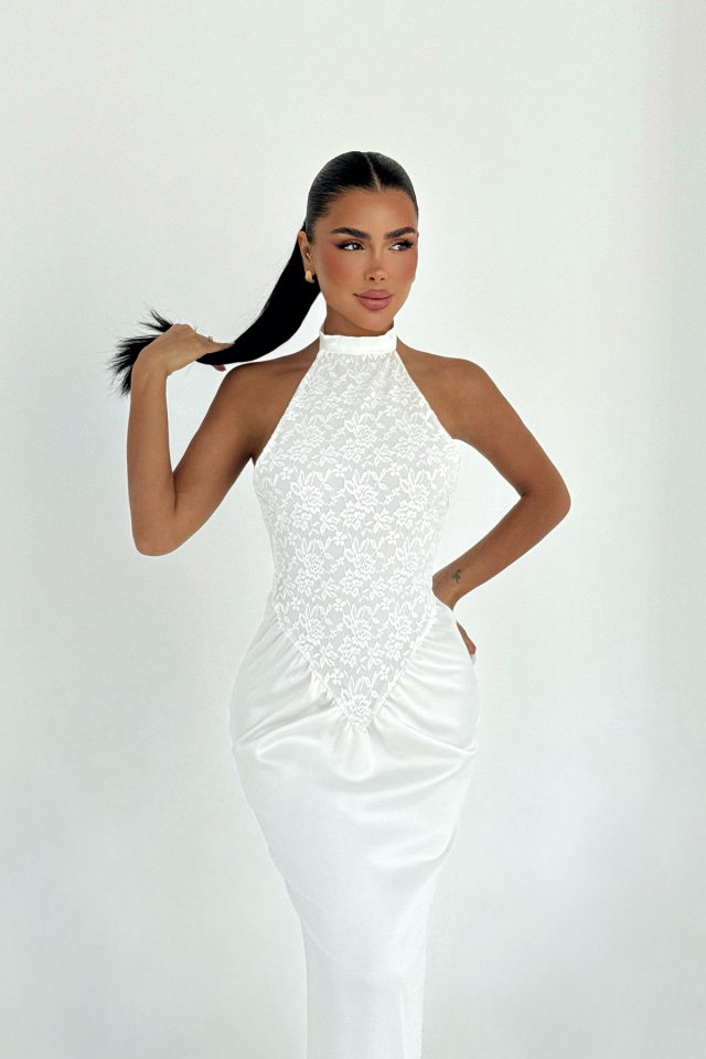 Beyaz Marlo Dantel Detaylı Saten Elbise ATE-3451