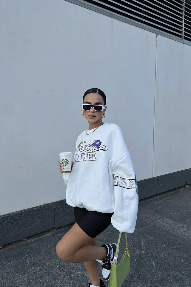 Beyaz Baskılı Oversize Sweat ATE2276