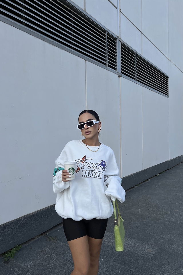 Beyaz Baskılı Oversize Sweat ATE2276