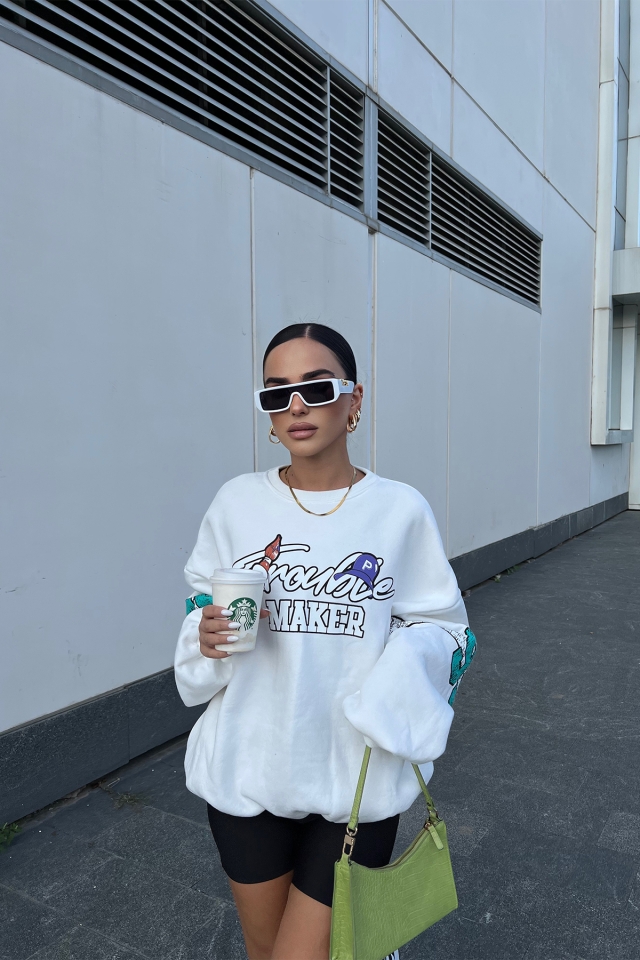 Beyaz Baskılı Oversize Sweat ATE2276