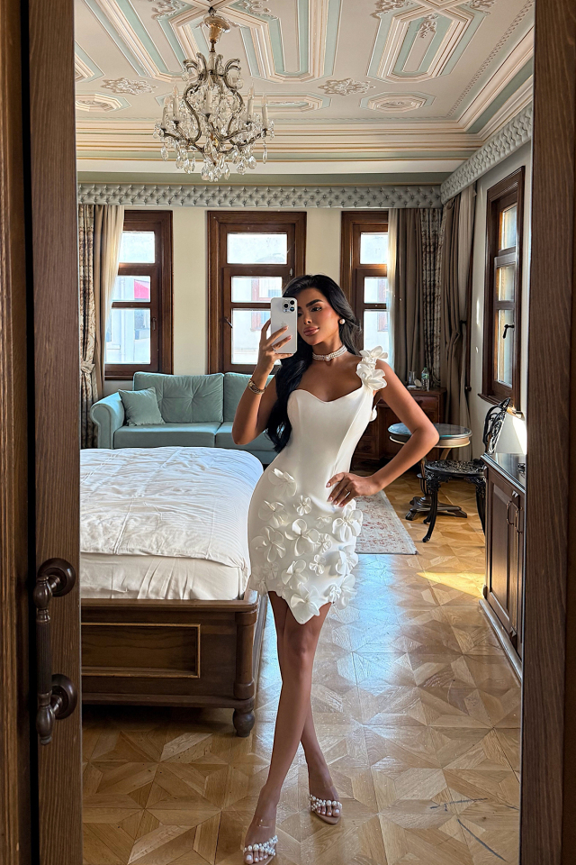 Beyaz Dariah Mini Çiçekli Abiye ATE-3256
