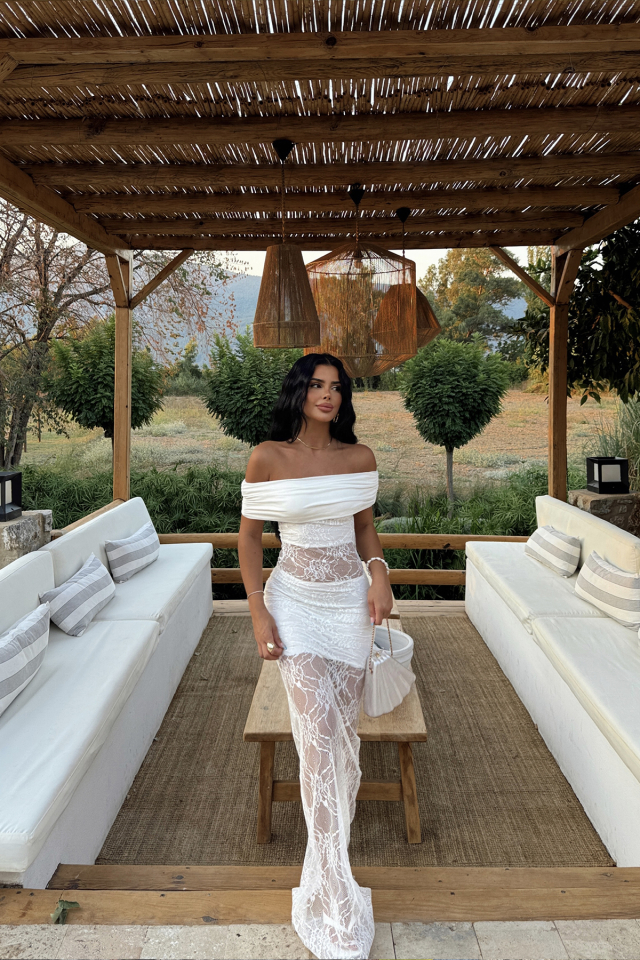 Beyaz Yelena Uzun Dantel Elbise ATE-1392