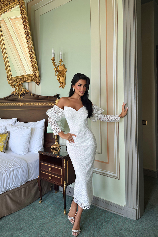 Beyaz Maude Dantelli Midi Boy Elbise ATE-3387