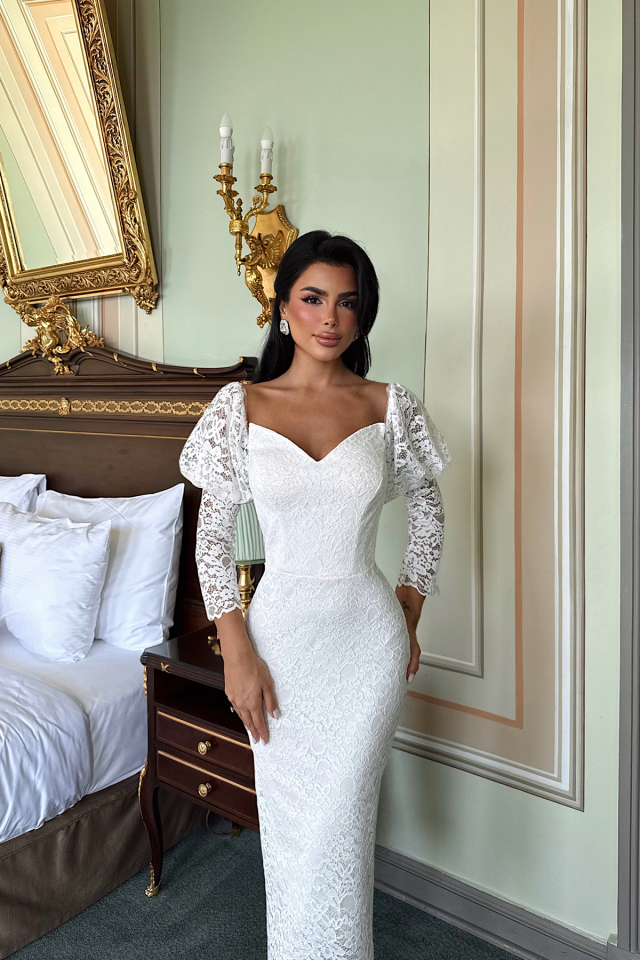 Beyaz Maude Dantelli Midi Boy Elbise ATE-3387