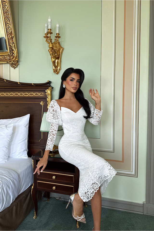 Beyaz Maude Dantelli Midi Boy Elbise ATE-3387