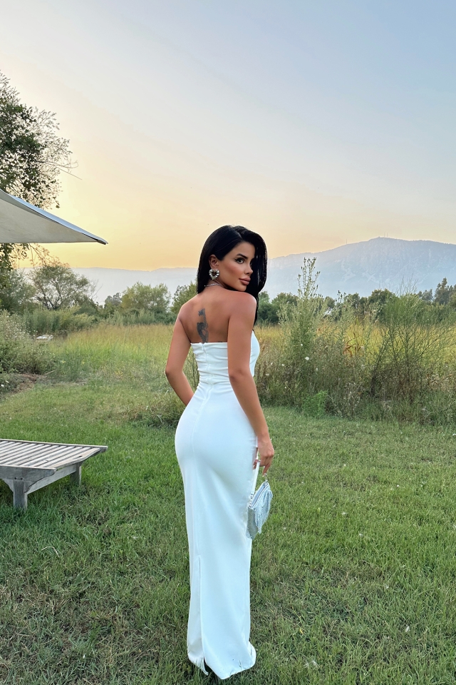 Beyaz Diana Taş Detay Elbise ATE7655