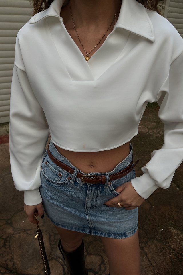 Beyaz Gömlek Yaka Crop Top ATE3419
