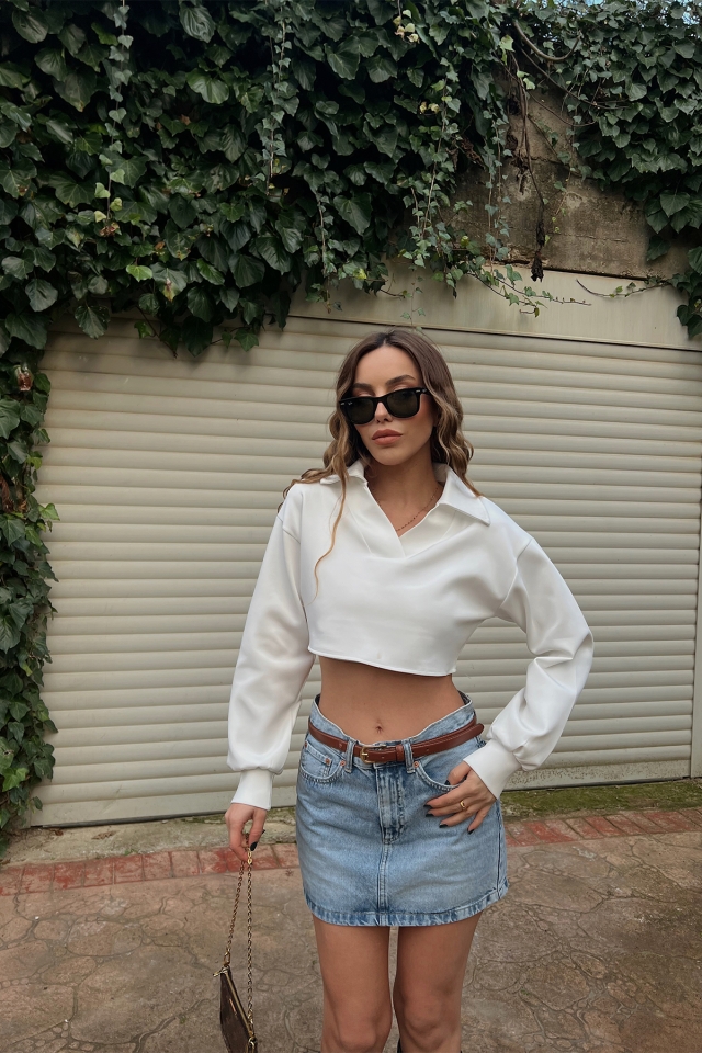 Beyaz Gömlek Yaka Crop Top ATE3419