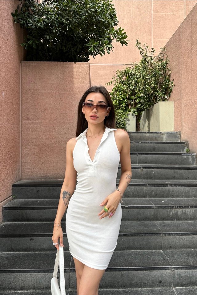 Beyaz Gömlek Yaka Mini Elbise ATE7308