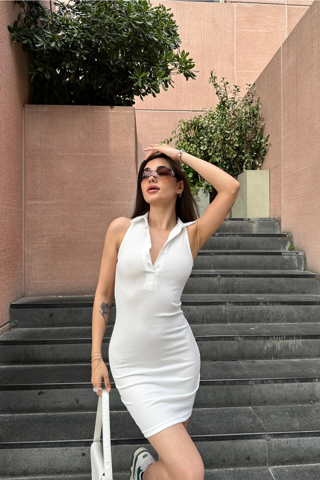 Beyaz Gömlek Yaka Mini Elbise ATE7308