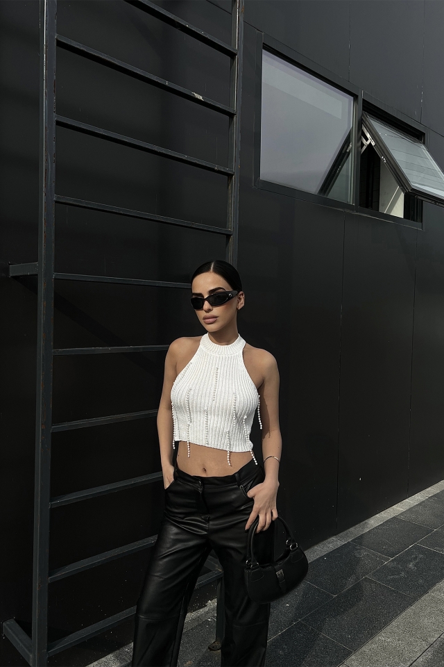 Beyaz İnci Detay Crop Top ATE4732