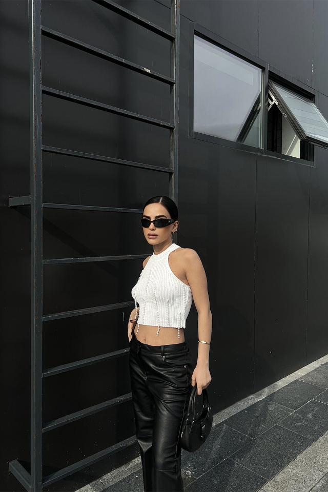Beyaz İnci Detay Crop Top ATE4732