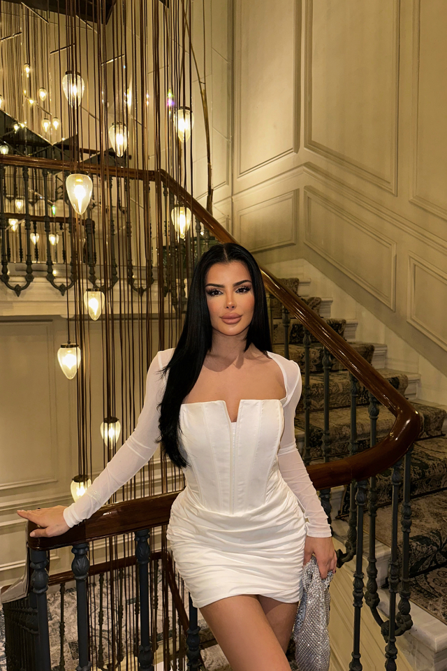 Beyaz kolları Tül Mini Elbise ATE-0721 - EYYO