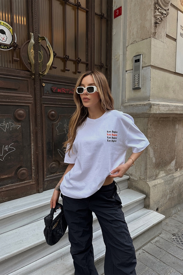 Beyaz Los Angeles Yazılı Tişört ATE6542
