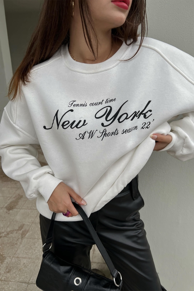 Beyaz New York Baskılı Sweat ATE2589