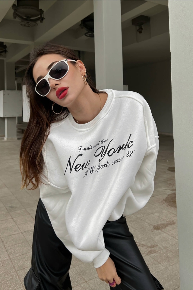 Beyaz New York Baskılı Sweat ATE2589 - EYYO