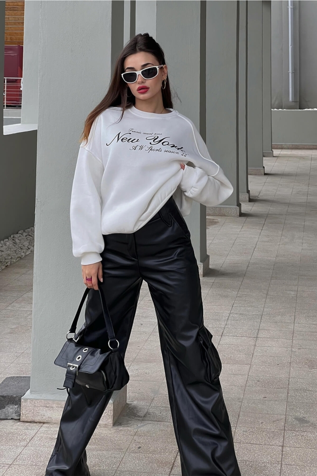 Beyaz New York Baskılı Sweat ATE2589
